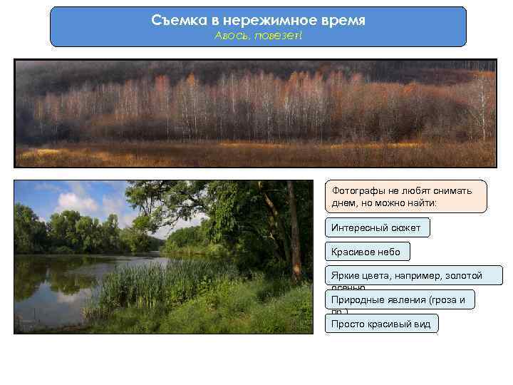 Съемка в нережимное время Авось, повезет! Фотографы не любят снимать днем, но можно найти: