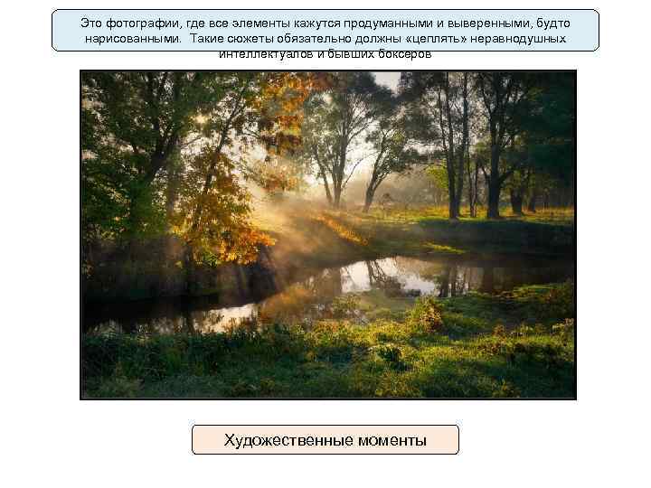 Это фотографии, где все элементы кажутся продуманными и выверенными, будто нарисованными. Такие сюжеты обязательно