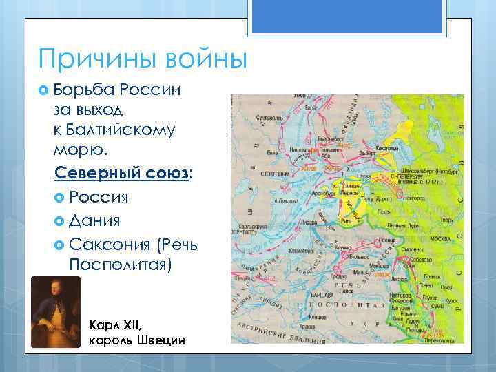 Причины войны Борьба России за выход к Балтийскому морю. Северный союз: Россия Дания Саксония