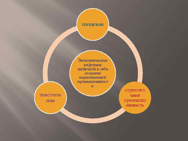 пищевая Экономические реформы включали в себя создание национальной промышленност и. текстиль ная строител ьная