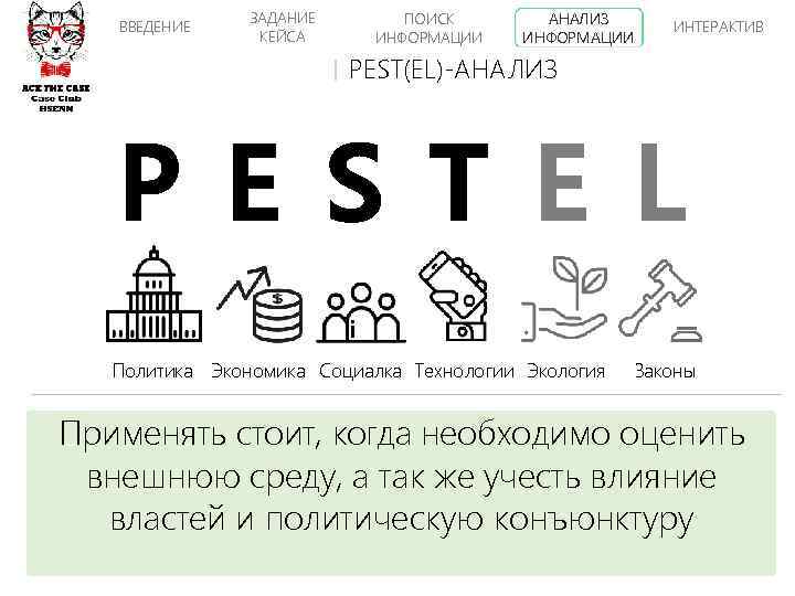 ВВЕДЕНИЕ ЗАДАНИЕ КЕЙСА ПОИСК ИНФОРМАЦИИ АНАЛИЗ ИНФОРМАЦИИ ИНТЕРАКТИВ PEST(EL)-АНАЛИЗ P E S T E
