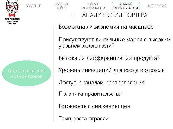 ВВЕДЕНИЕ ЗАДАНИЕ КЕЙСА ПОИСК ИНФОРМАЦИИ АНАЛИЗ ИНФОРМАЦИИ ИНТЕРАКТИВ АНАЛИЗ 5 СИЛ ПОРТЕРА Возможна ли