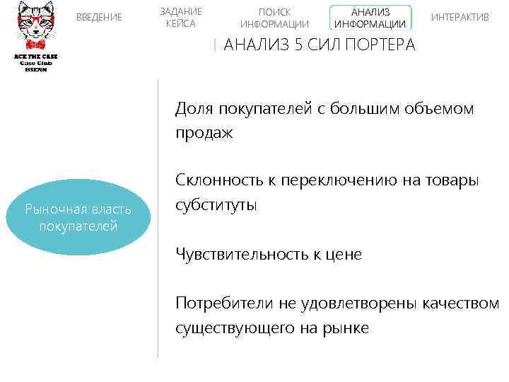 ВВЕДЕНИЕ ЗАДАНИЕ КЕЙСА ПОИСК ИНФОРМАЦИИ АНАЛИЗ ИНФОРМАЦИИ ИНТЕРАКТИВ АНАЛИЗ 5 СИЛ ПОРТЕРА Доля покупателей