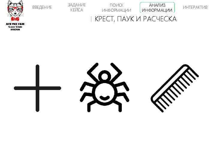 ВВЕДЕНИЕ ЗАДАНИЕ КЕЙСА ПОИСК ИНФОРМАЦИИ АНАЛИЗ ИНФОРМАЦИИ КРЕСТ, ПАУК И РАСЧЕСКА ИНТЕРАКТИВ 