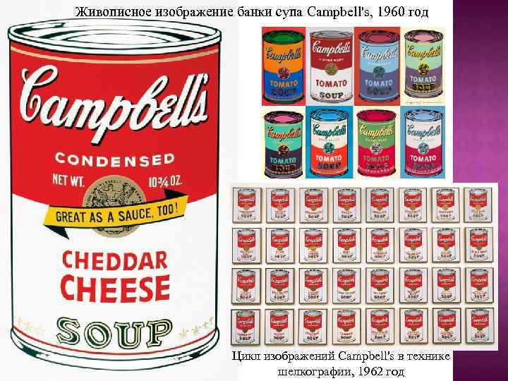 Живописное изображение банки супа Campbell's, 1960 год Цикл изображений Campbell's в технике шелкографии, 1962