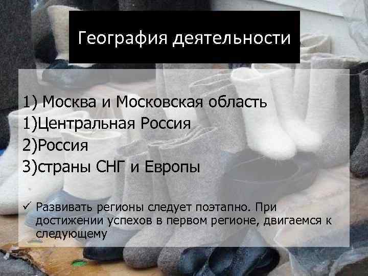 География деятельности 1) Москва и Московская область 1)Центральная Россия 2)Россия 3)страны СНГ и Европы