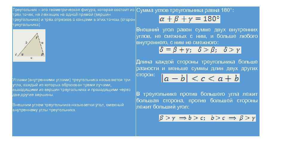 Треугольник – это геометрическая фигура, которая состоит из Сумма углов треугольника равна 180°: трёх