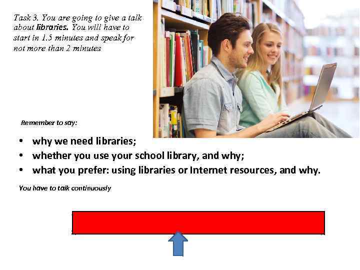 Task 3. You are going to give a talk about libraries. You will have