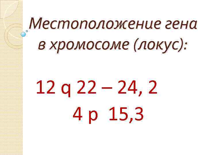 Местоположение гена в хромосоме (локус): 12 q 22 – 24, 2 4 р 15,