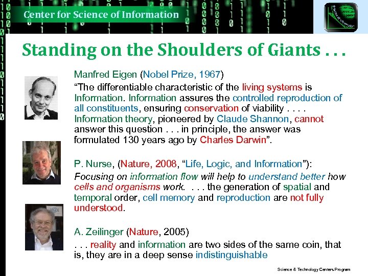 Center for Science of Information Standing on the Shoulders of Giants. . . Manfred