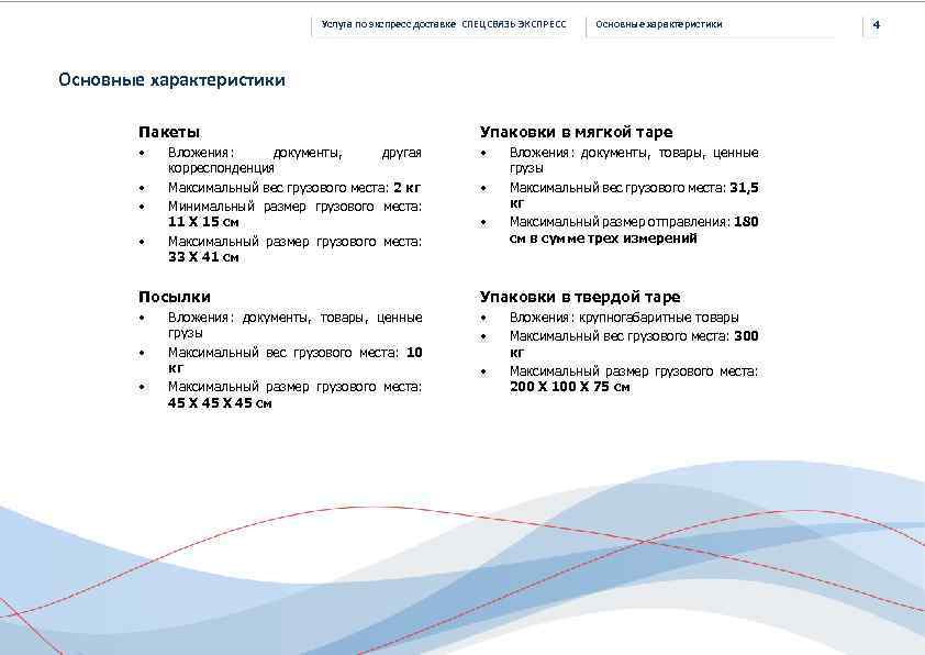 Услуга по экспресс доставке СПЕЦСВЯЗЬ ЭКСПРЕСС Основные характеристики Пакеты Упаковки в мягкой таре •