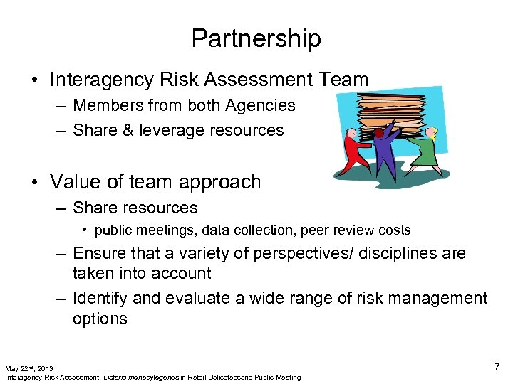 Partnership • Interagency Risk Assessment Team – Members from both Agencies – Share &