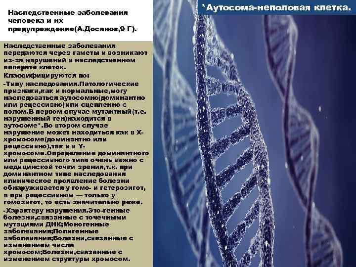 Наследственные заболевания человека и их предупреждение(А. Досанов, 9 Г). Наследственные заболевания передаются через гаметы