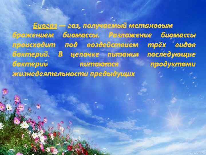 Биогаз — газ, получаемый метановым брожением биомассы. Разложение биомассы происходит под воздействием трёх видов