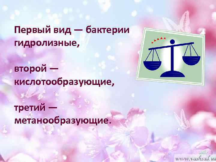 Первый вид — бактерии гидролизные, второй — кислотообразующие, третий — метанообразующие. 