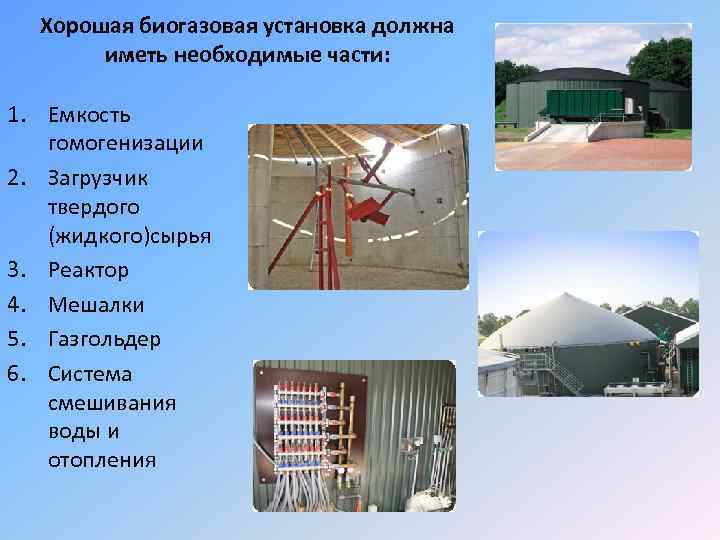 Хорошая биогазовая установка должна иметь необходимые части: 1. Емкость гомогенизации 2. Загрузчик твердого (жидкого)сырья