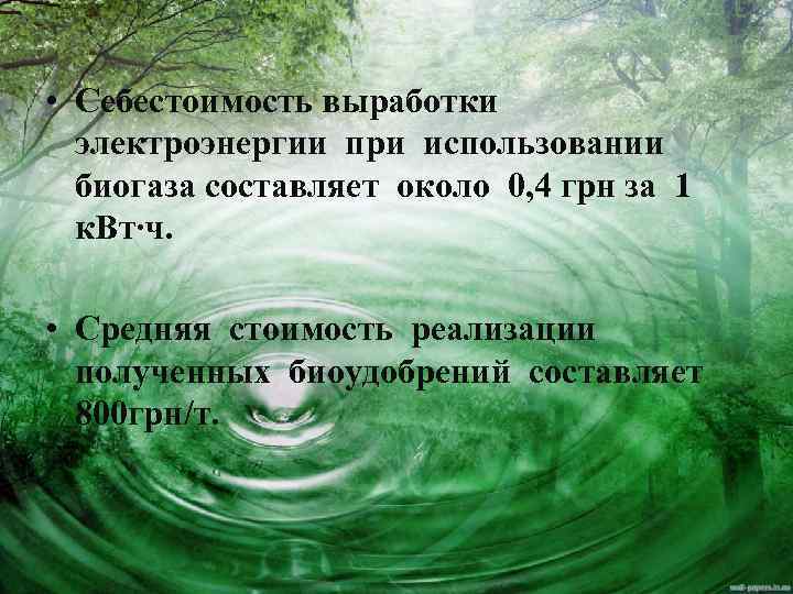  • Себестоимость выработки электроэнергии при использовании биогаза составляет около 0, 4 грн за