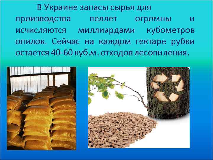 В Украине запасы сырья для производства пеллет огромны и исчисляются миллиардами кубометров опилок. Сейчас
