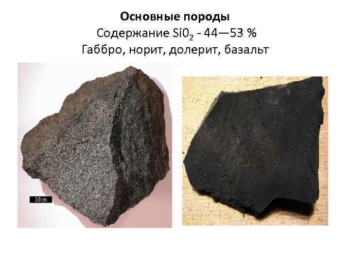 Основные породы Содержание Si 02 - 44— 53 % Габбро, норит, долерит, базальт 