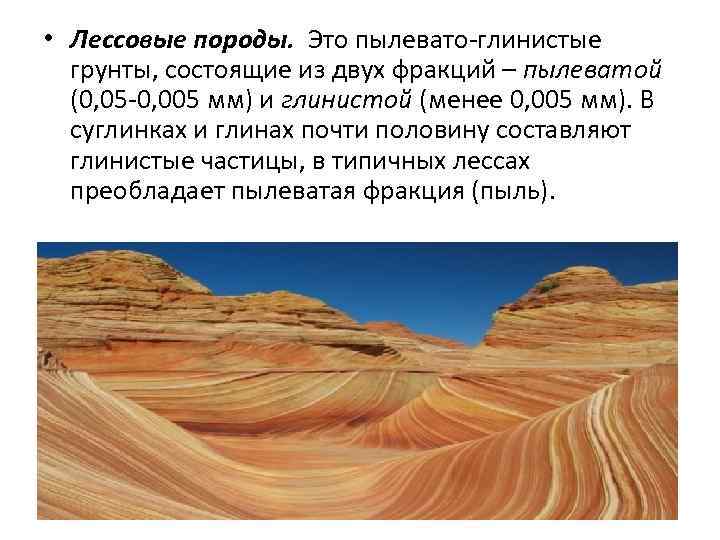  • Лессовые породы. Это пылевато-глинистые грунты, состоящие из двух фракций – пылеватой (0,