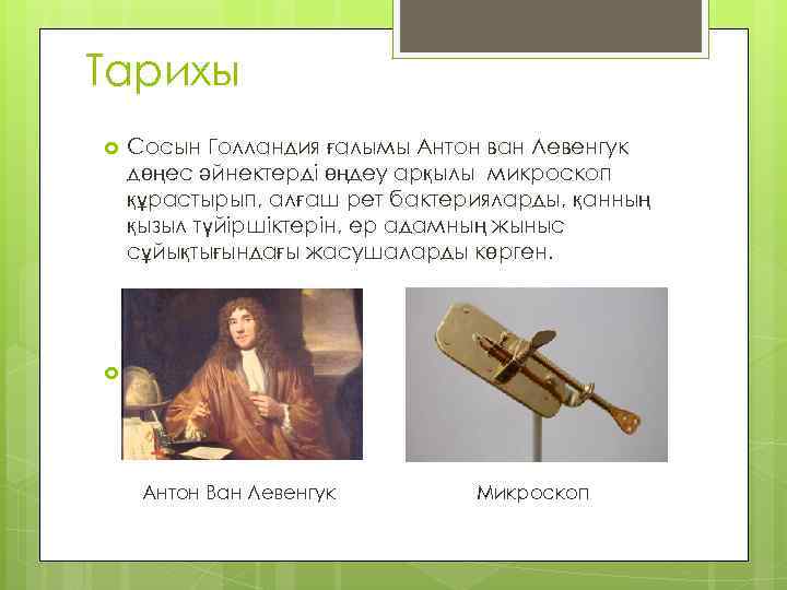 Тарихы Сосын Голландия ғалымы Антон ван Левенгук дөңес әйнектерді өңдеу арқылы микроскоп құрастырып, алғаш