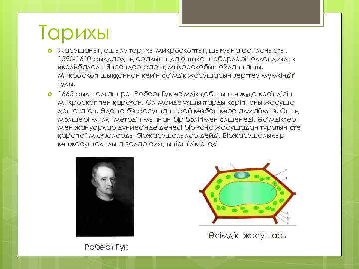 Тарихы Жасушаның ашылу тарихы микроскоптың шығуына байланысты. 1590 -1610 жылдардың аралығында оптика шеберлері голландиялық