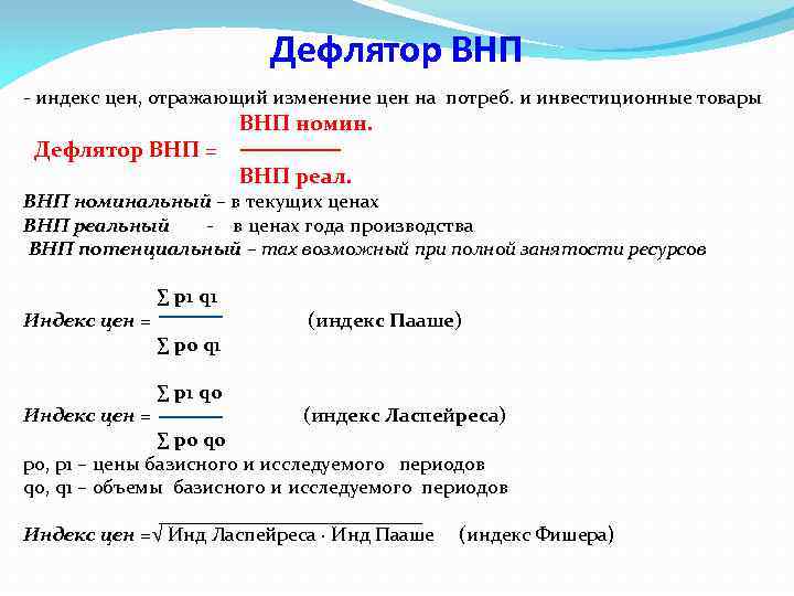 Дефлятор ВНП - индекс цен, отражающий изменение цен на потреб. и инвестиционные товары ВНП
