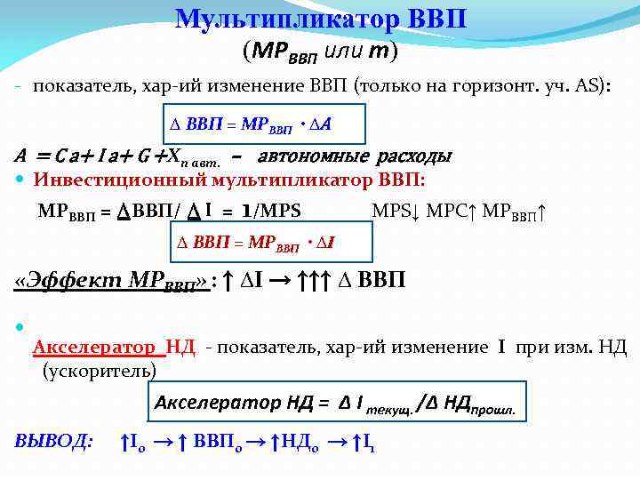 Мультипликатор ВВП (MPВВП или m) - показатель, хар-ий изменение ВВП (только на горизонт. уч.