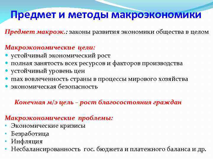 Предмет и методы макроэкономики Предмет макроэк. : законы развития экономики общества в целом Макроэкономические