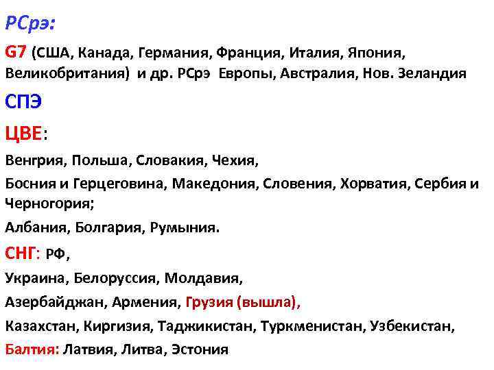 РСрэ: G 7 (США, Канада, Германия, Франция, Италия, Япония, Великобритания) и др. РСрэ Европы,