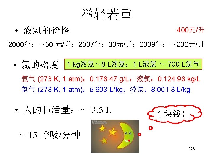 举轻若重 • 液氦的价格 400元/升 2000年：～ 50 元/升； 2007年： 80元/升； 2009年：～ 200元/升 • 氦的密度 1