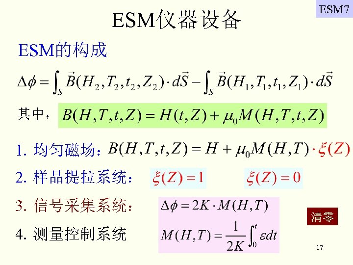 ESM仪器设备 ESM 7 ESM的构成 其中， 1. 均匀磁场： 2. 样品提拉系统： 3. 信号采集系统： 清零 4. 测量控制系统