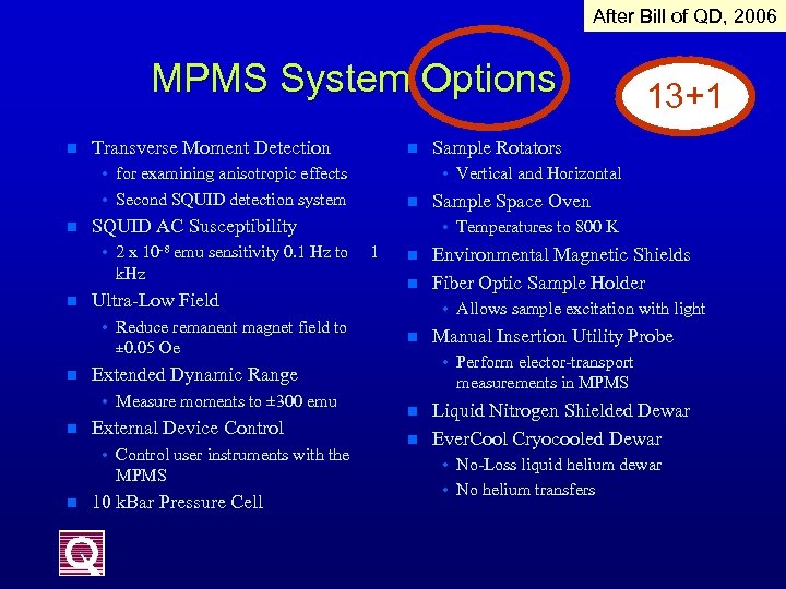 After Bill of QD, 2006 MPMS System Options n Transverse Moment Detection n •