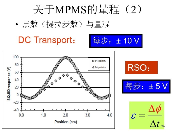 关于MPMS的量程（2） • 点数（提拉步数）与量程 DC Transport： 每步： 10 V RSO： 每步： 5 V 76 