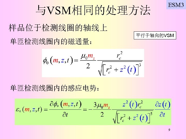 与VSM相同的处理方法 ESM 3 样品位于检测线圈的轴线上 平行于轴向的VSM 单匝检测线圈内的磁通量： 单匝检测线圈内的感应电势： 9 