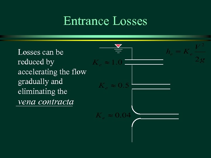 Entrance Losses can be reduced by accelerating the flow gradually and eliminating the vena