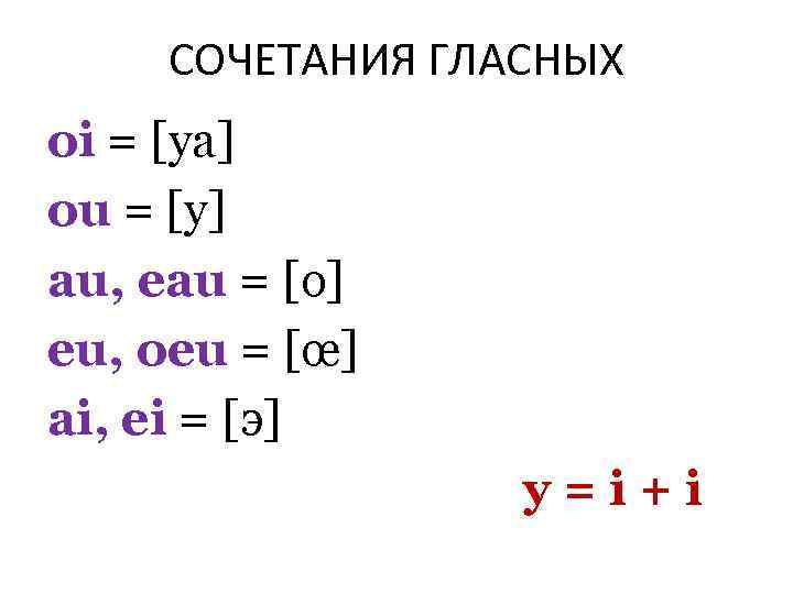 СОЧЕТАНИЯ ГЛАСНЫХ oi = [уа] ou = [у] au, eau = [о] eu, oeu