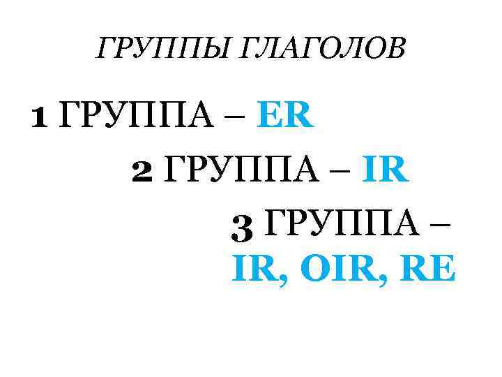 ГРУППЫ ГЛАГОЛОВ 1 ГРУППА – ER 2 ГРУППА – IR 3 ГРУППА – IR,