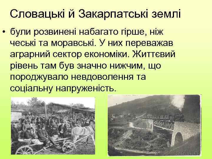 Словацькі й Закарпатські землі • були розвинені набагато гірше, ніж чеські та моравські. У