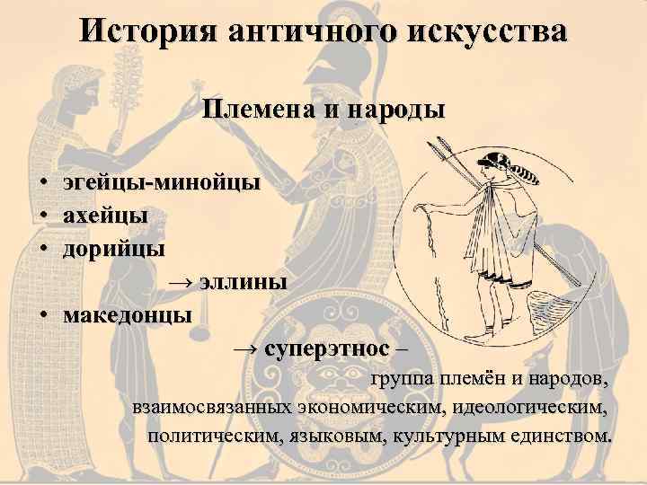 История античного искусства Племена и народы • • • эгейцы-минойцы ахейцы дорийцы → эллины