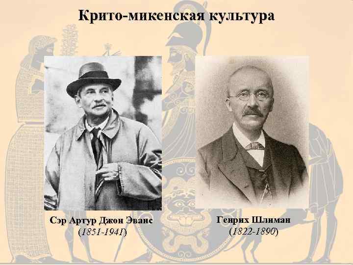 Крито-микенская культура Сэр Артур Джон Эванс (1851 -1941) Генрих Шлиман (1822 -1890) 