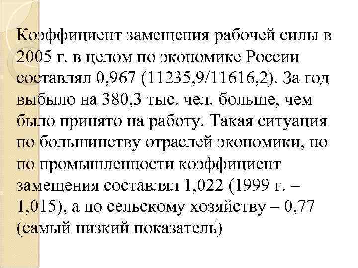 Коэффициент замещения рабочей силы в 2005 г. в целом по экономике России составлял 0,