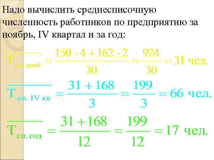 Надо вычислить среднесписочную численность работников по предприятию за ноябрь, IV квартал и за год: