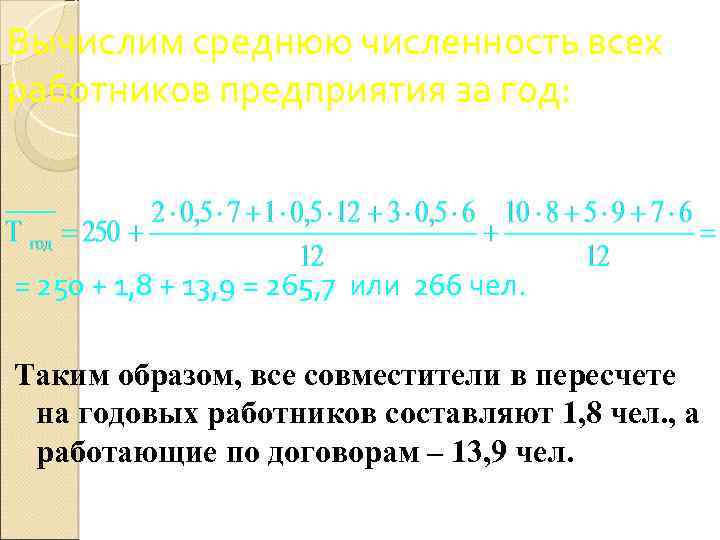 Вычислим среднюю численность всех работников предприятия за год: = 250 + 1, 8 +