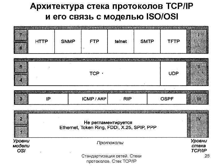 Архитектура стека протоколов TCP/IP и его связь с моделью ISO/OSI Стандартизация сетей. Стеки протоколов.