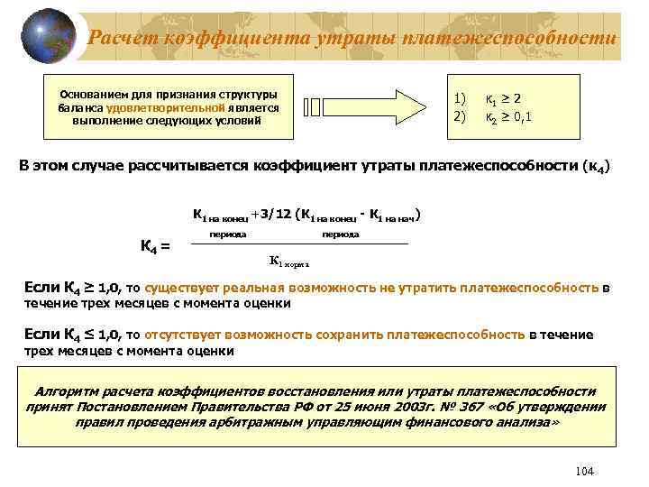 Расчет коэффициента утраты платежеспособности Основанием для признания структуры баланса удовлетворительной является выполнение следующих условий