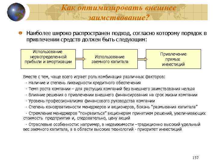 Как оптимизировать внешнее заимствование? Наиболее широко распространен подход, согласно которому порядок в привлечении средств