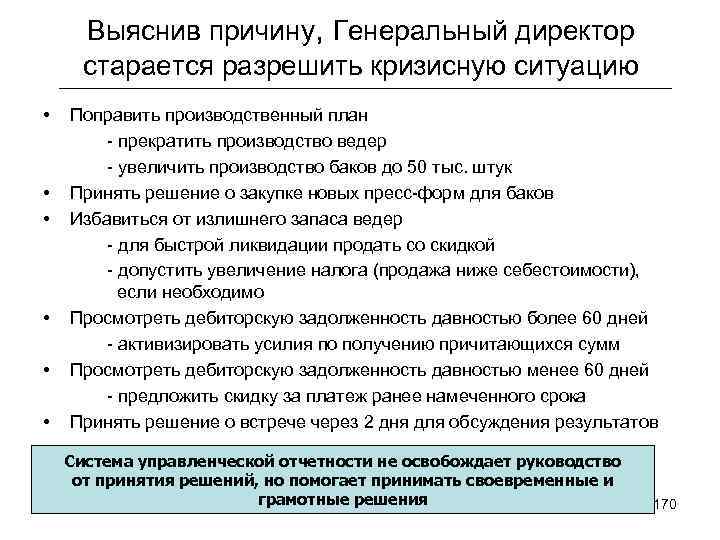 Выяснив причину, Генеральный директор старается разрешить кризисную ситуацию • • • Поправить производственный план