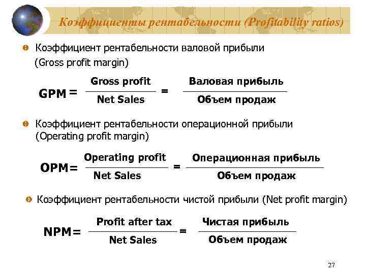 Коэффициенты рентабельности (Profitability ratios) Коэффициент рентабельности валовой прибыли (Gross profit margin) GPM = Gross