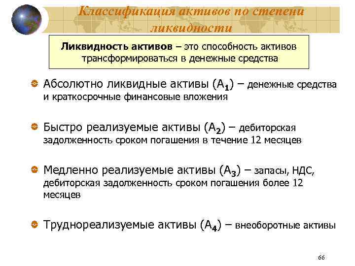 Классификация активов по степени ликвидности Ликвидность активов – это способность активов трансформироваться в денежные